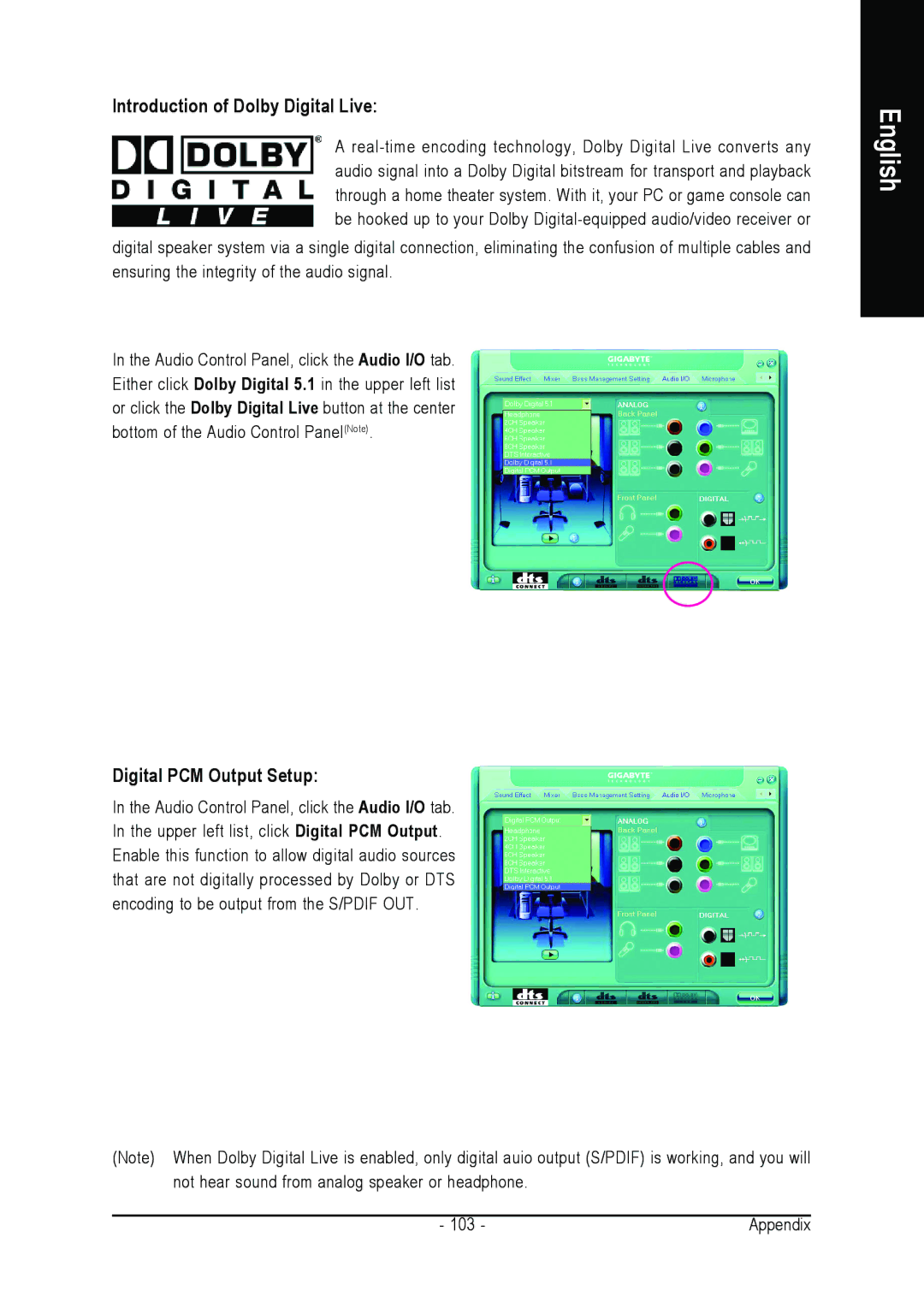 Intel GA-N680SLI-DQ6 user manual Introduction of Dolby Digital Live, Digital PCM Output Setup 