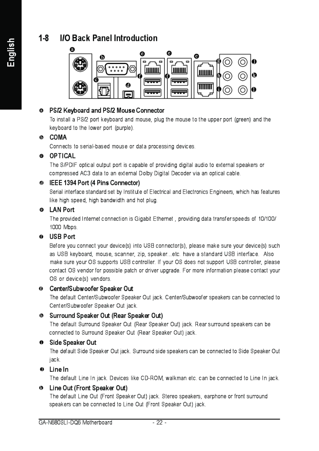 Intel GA-N680SLI-DQ6 user manual I/O Back Panel Introduction 