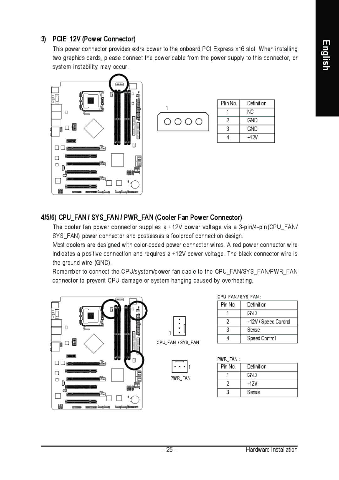 Intel GA-N680SLI-DQ6 user manual PCIE12V Power Connector, Cpufan / Sysfan / Pwrfan Cooler Fan Power Connector 