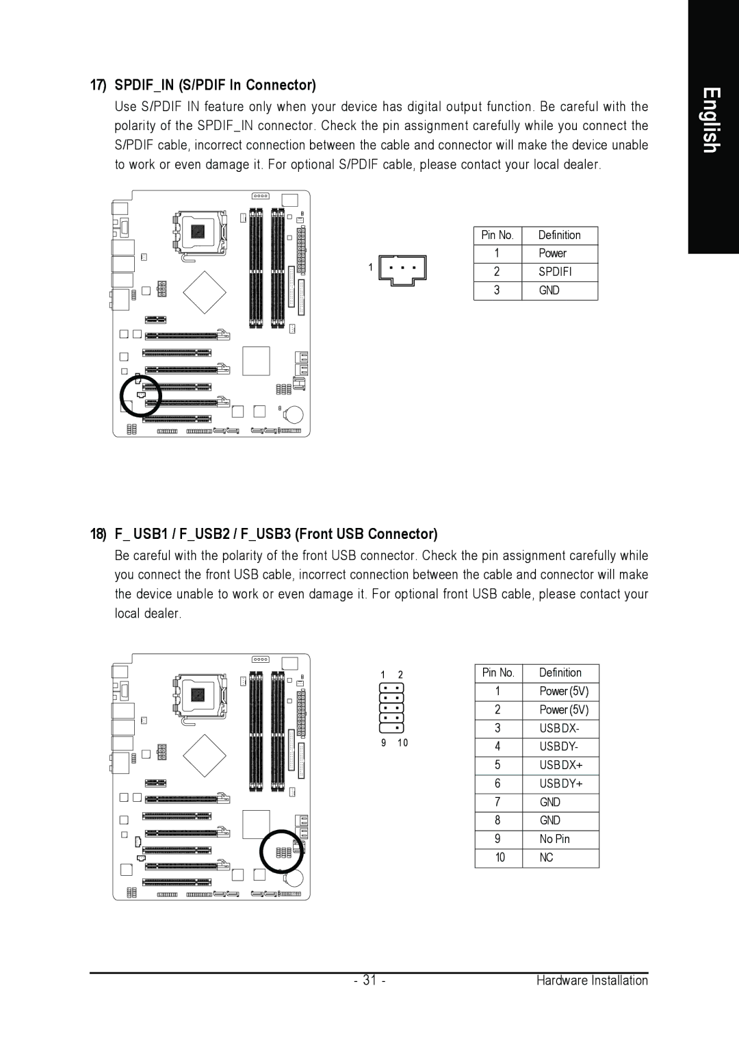 Intel GA-N680SLI-DQ6 user manual Spdifin S/PDIF In Connector, USB1 / FUSB2 / FUSB3 Front USB Connector 