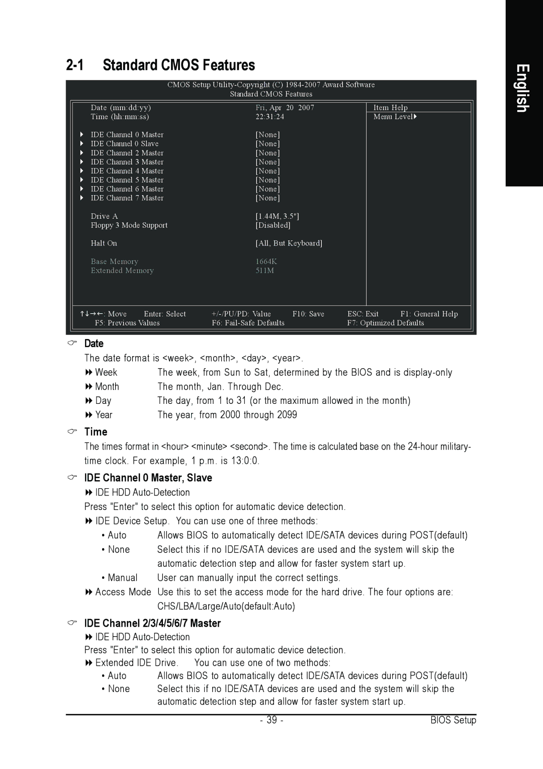 Intel GA-N680SLI-DQ6 user manual Date, Time, IDE Channel 0 Master, Slave, IDE Channel 2/3/4/5/6/7 Master 