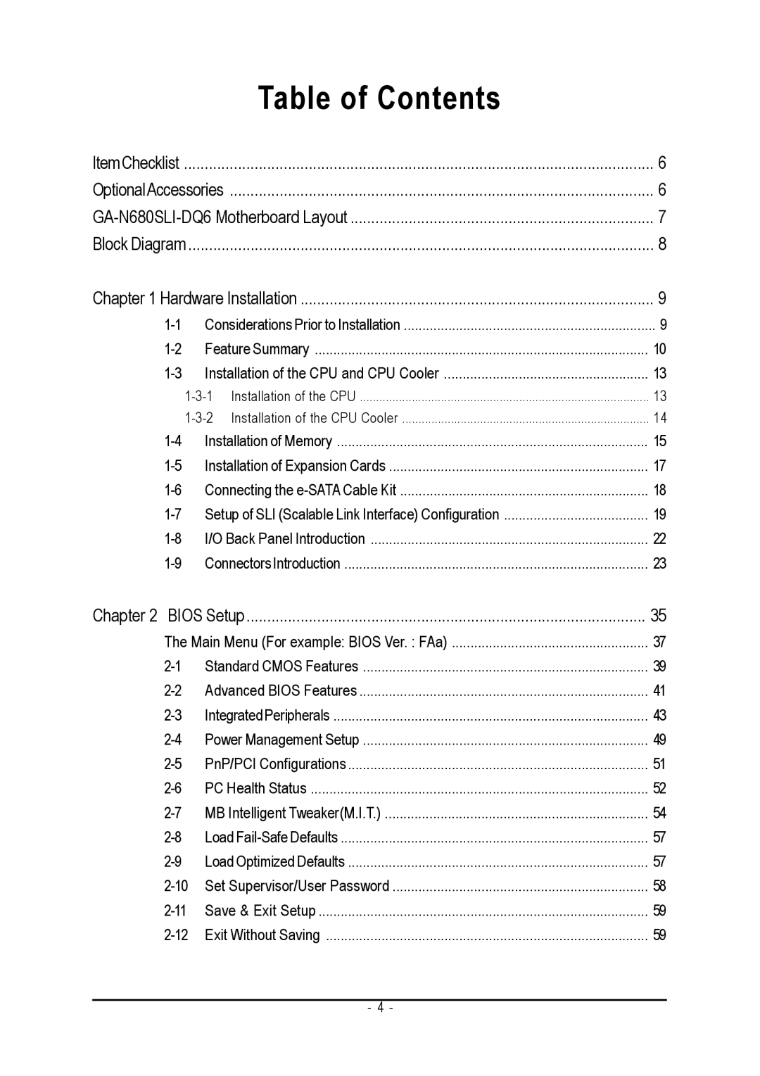 Intel GA-N680SLI-DQ6 user manual Table of Contents 