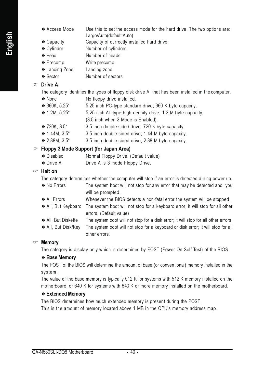 Intel GA-N680SLI-DQ6 user manual Drive a, Floppy 3 Mode Support for Japan Area, Halt on, Base Memory, Extended Memory 