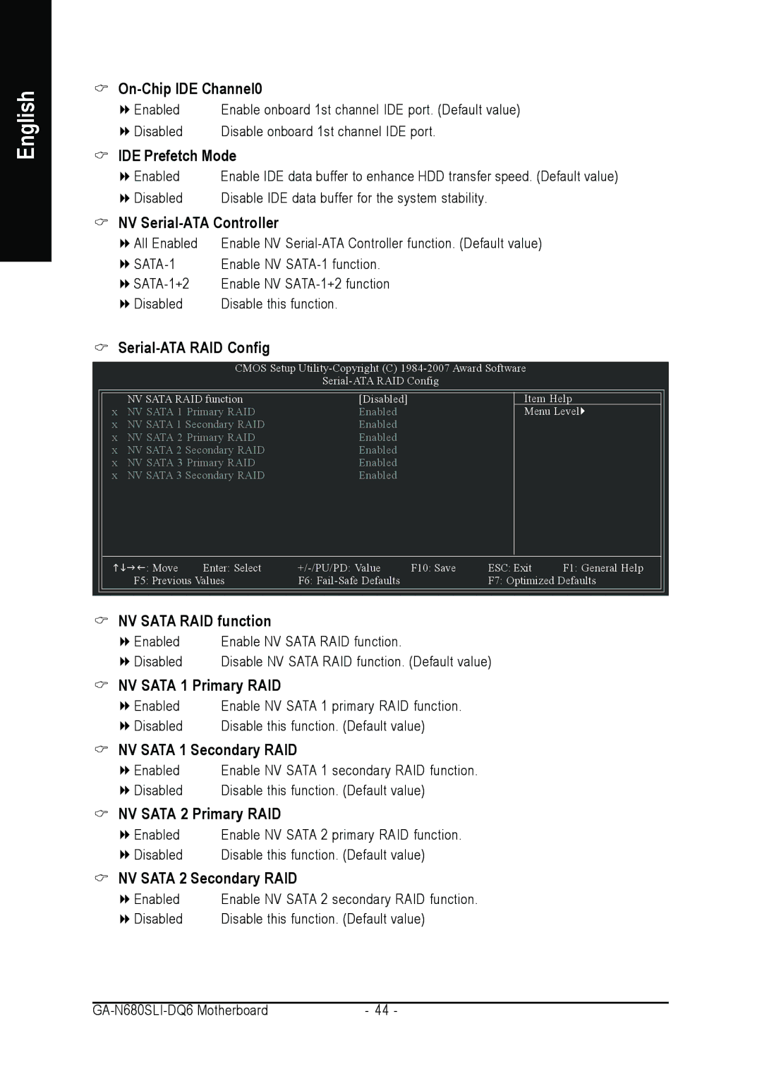 Intel GA-N680SLI-DQ6 user manual On-Chip IDE Channel0, IDE Prefetch Mode, NV Serial-ATA Controller, Serial-ATA RAID Config 