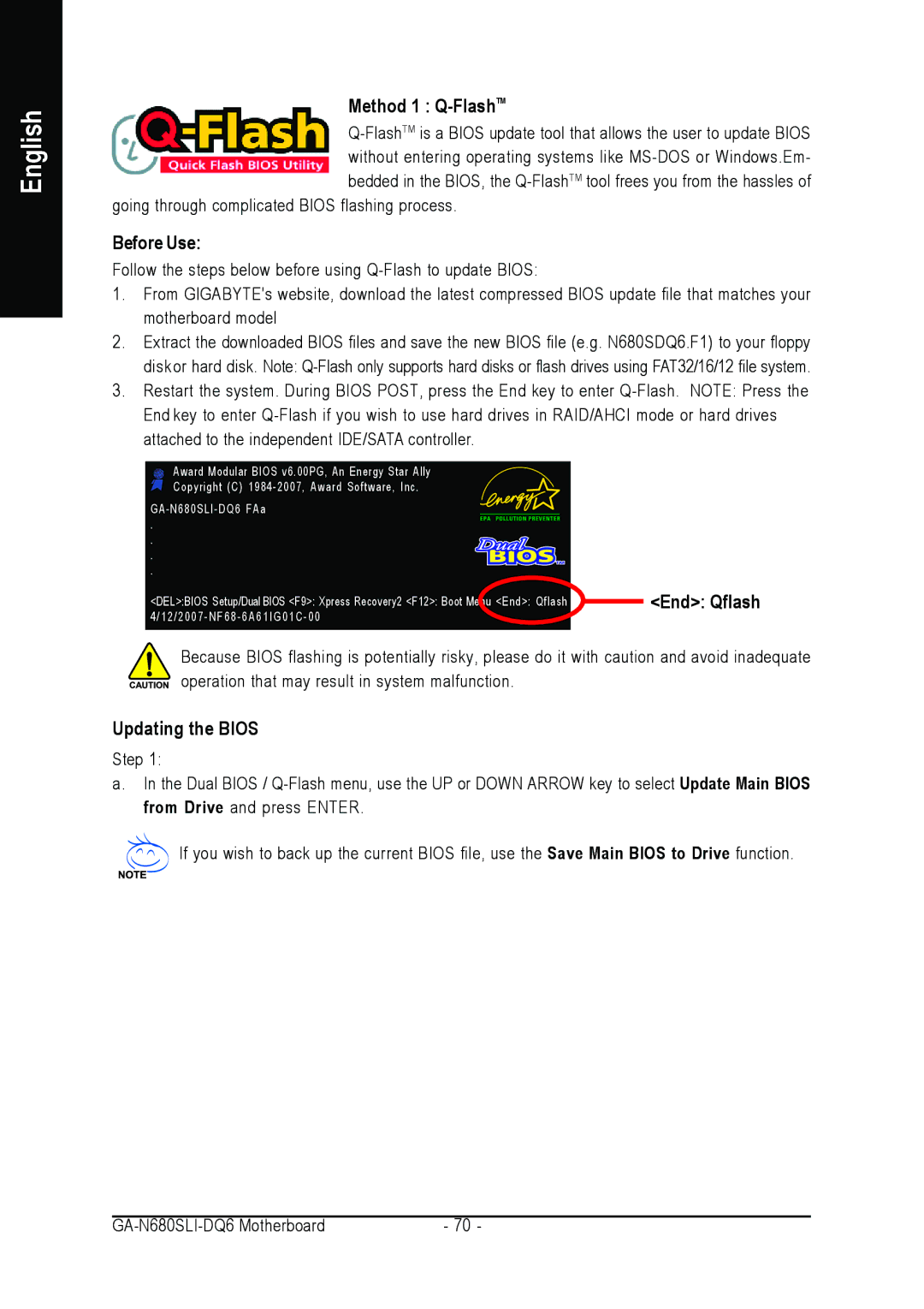 Intel GA-N680SLI-DQ6 user manual Method 1 Q-FlashTM, Before Use, Updating the Bios 