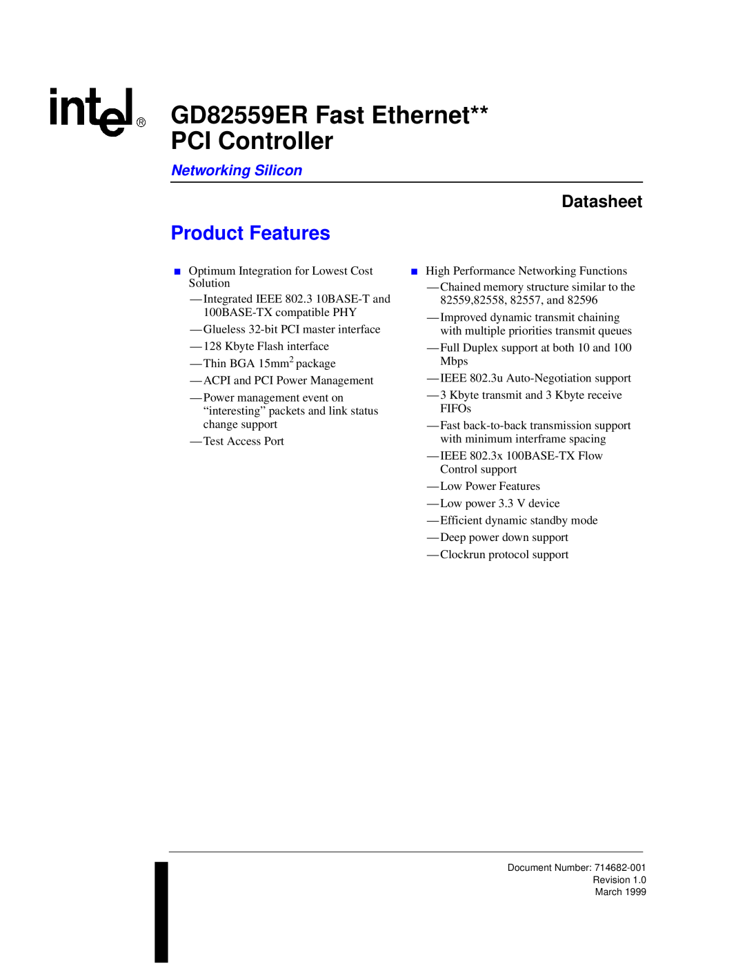 Intel manual Product Features, GD82559ER Fast Ethernet PCI Controller, Datasheet, Networking Silicon 