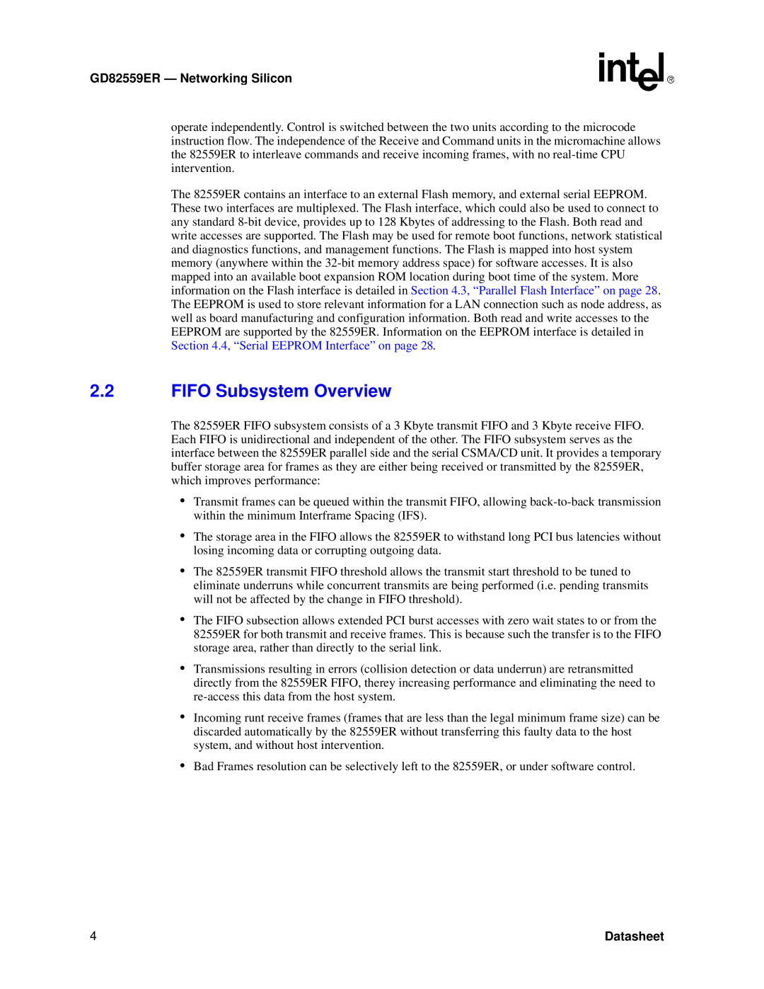 Intel manual FIFO Subsystem Overview, GD82559ER - Networkin g Silicon, Datasheet 