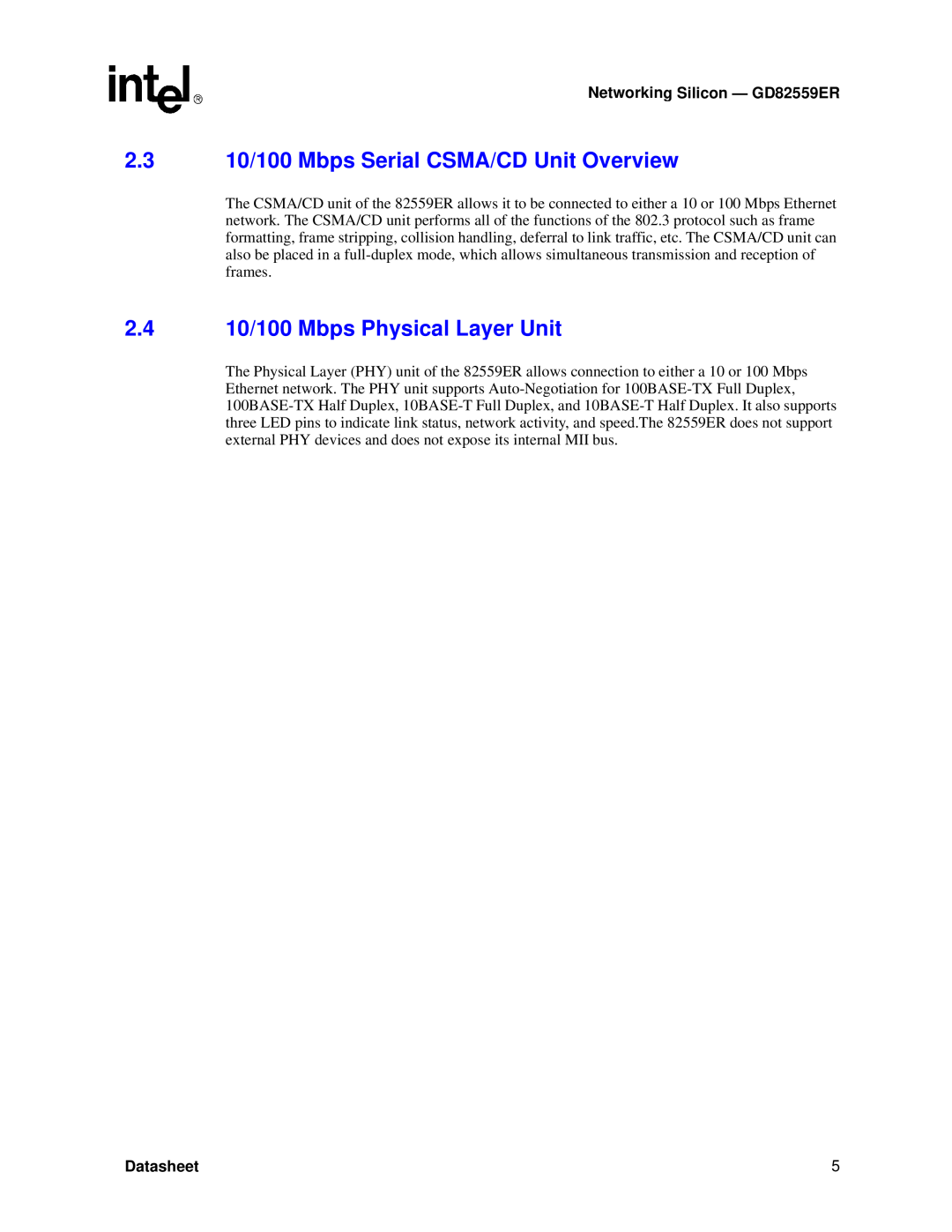 Intel GD82559ER manual 2.3 10/100 Mbps Serial CSMA/CD Unit Overview, 2.4 10/100 Mbps Physical Layer Unit, Datasheet 