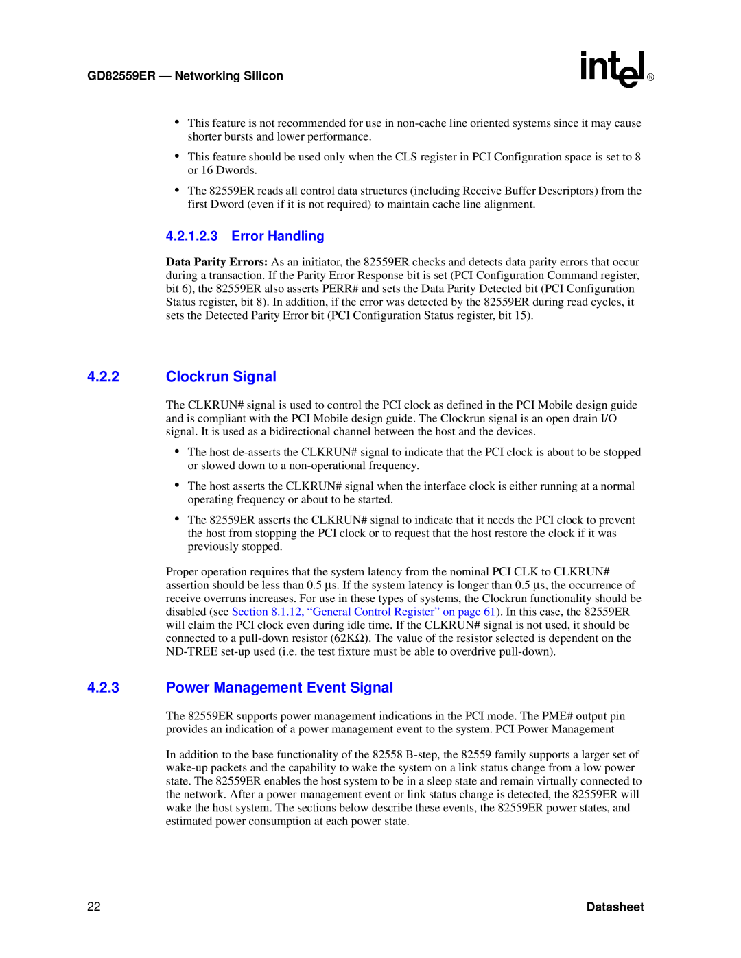 Intel manual Clockrun Signal, Power Management Event Signal, Error Handling, GD82559ER - Networkin g Silicon, Datasheet 