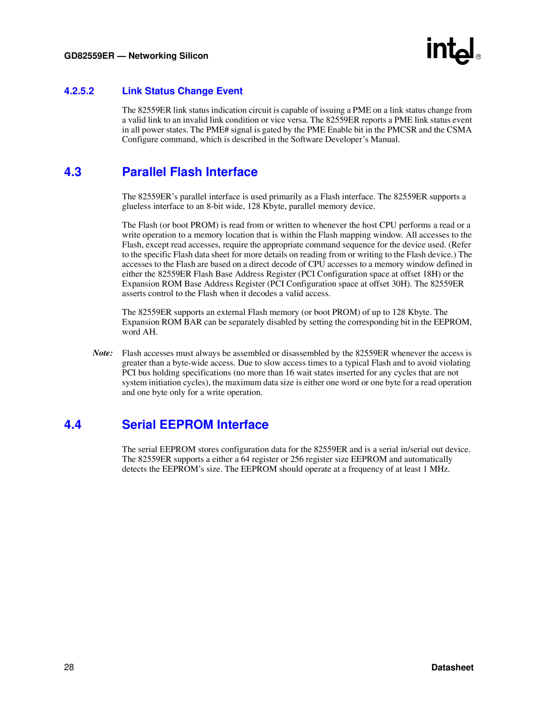 Intel GD82559ER manual Parallel Flash Interface, Serial EEPROM Interface, Link Status Change Event, Datasheet 