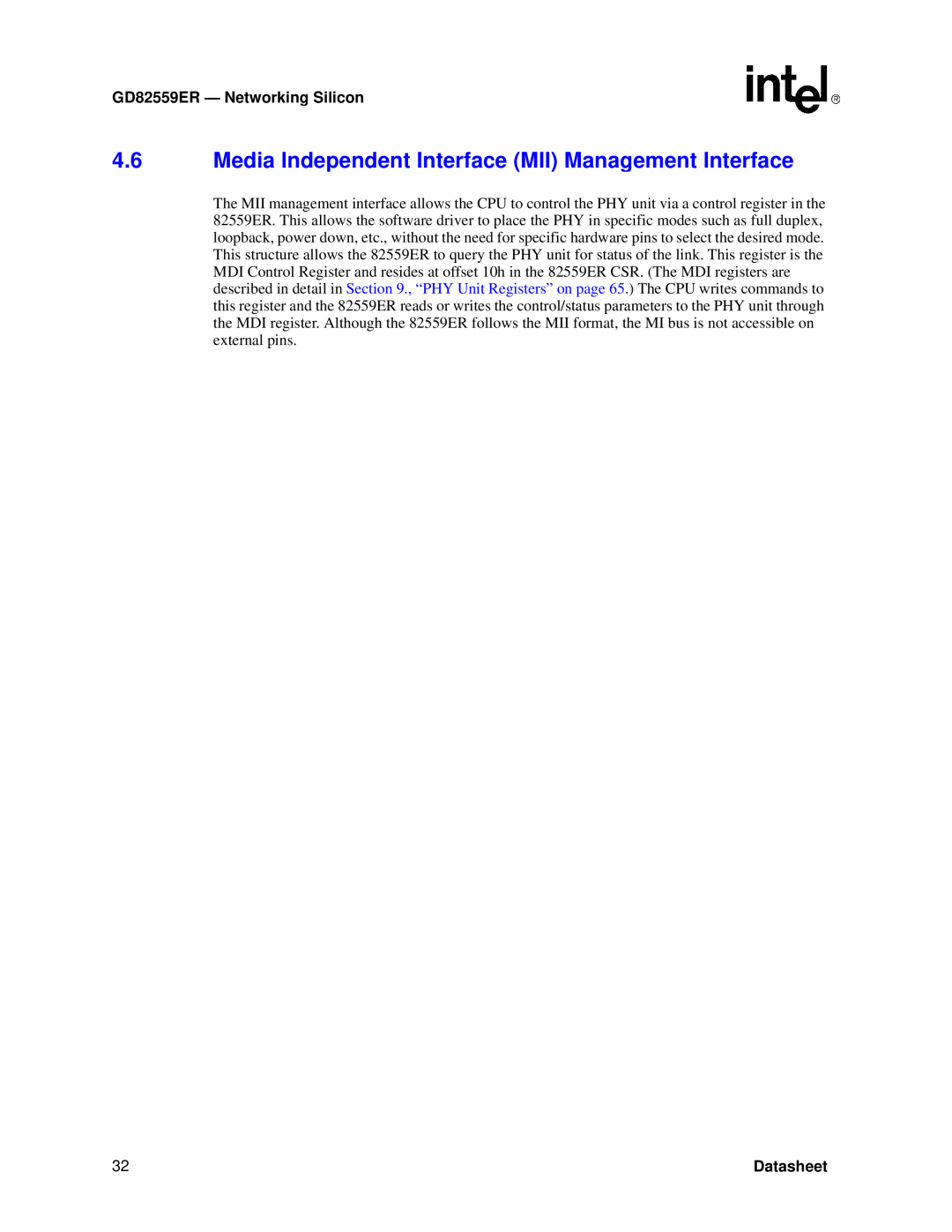 Intel manual Media Independent Interface MII Management Interface, GD82559ER - Networkin g Silicon, Datasheet 