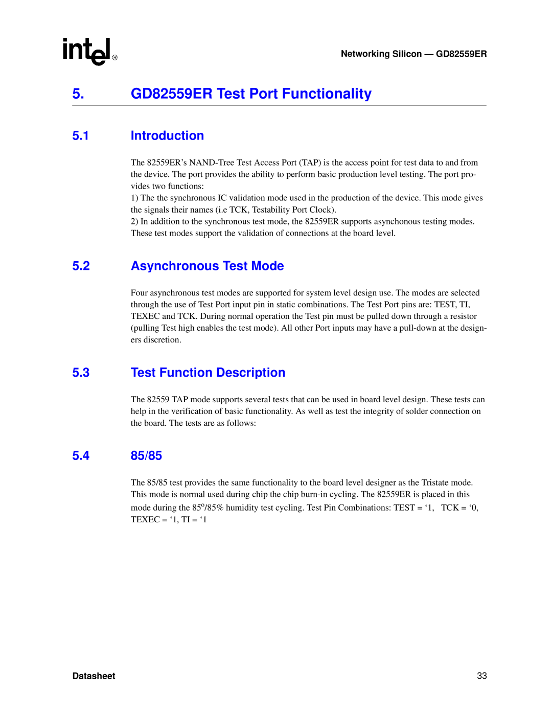 Intel 5. GD82559ER Test Port Functionality, Introduction, Asynchronous Test Mode, Test Function Description, 5.4 85/85 
