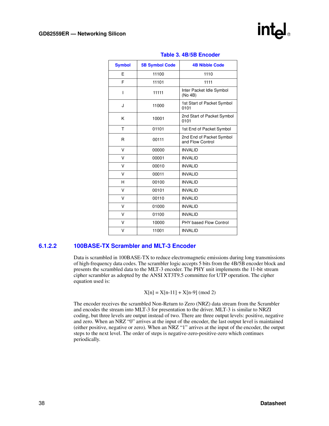 Intel manual 6.1.2.2 100BASE-TX Scrambler and MLT-3 Encoder, GD82559ER - Networkin g Silicon, 4B/5B Encoder, Datasheet 