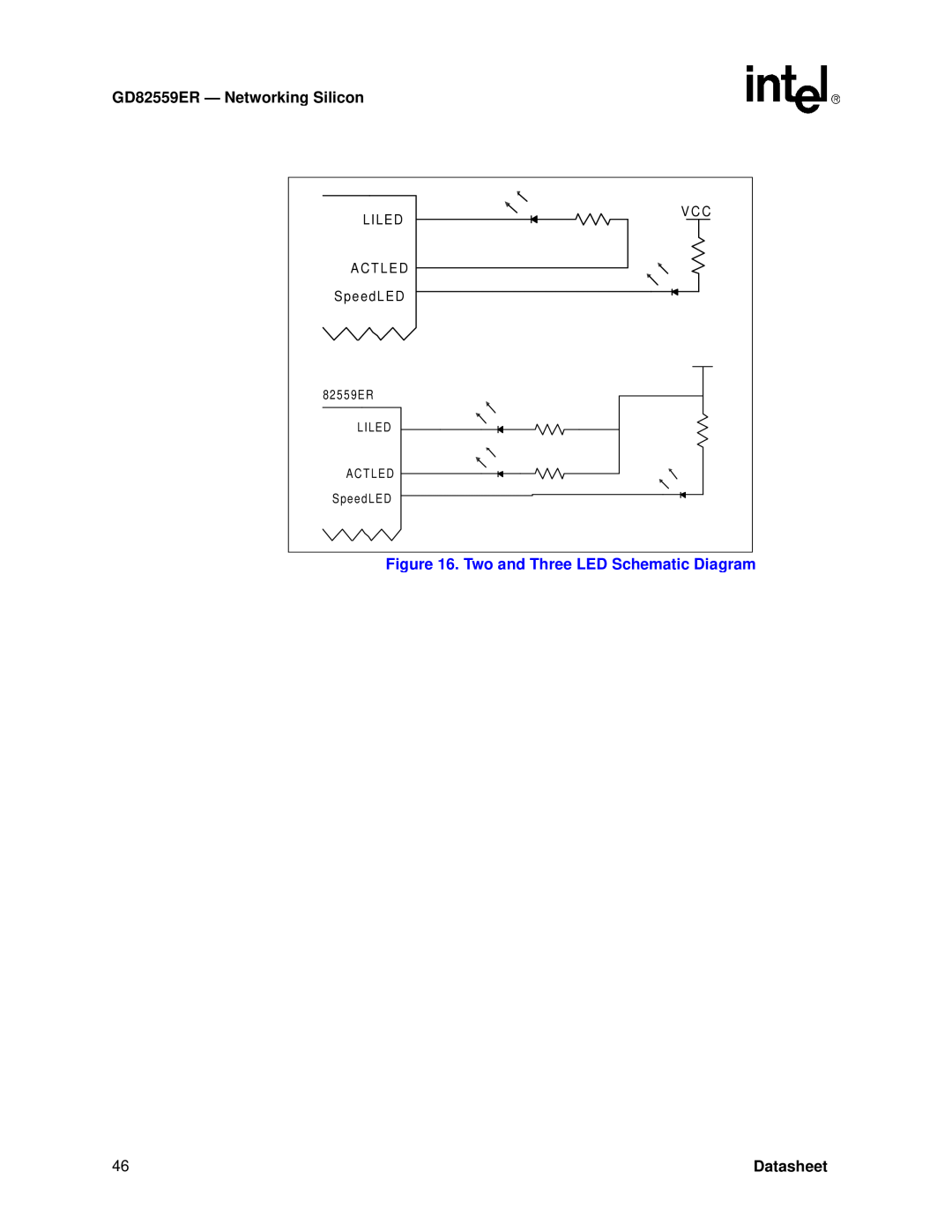 Intel manual Two and Three LED Schematic Diagram, GD82559ER - Networkin g Silicon, Datasheet, Liled, A C T L E D, V C C 