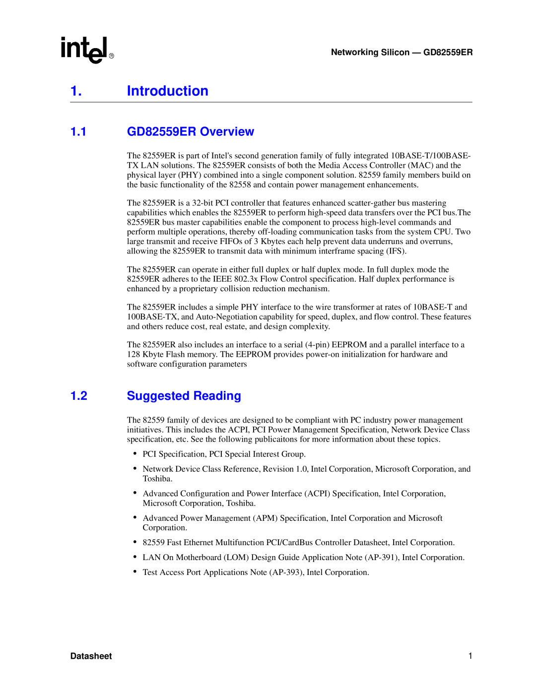 Intel manual Introduction, 1.1 GD82559ER Overview, Suggested Reading, Networking Silicon - GD82559ER, Datasheet 