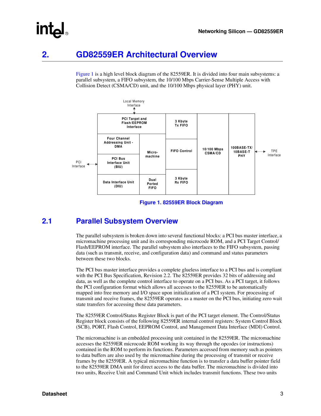 Intel manual 2. GD82559ER Architectural Overview, Parallel Subsystem Overview, 82559ER Block Diagram, Datasheet 