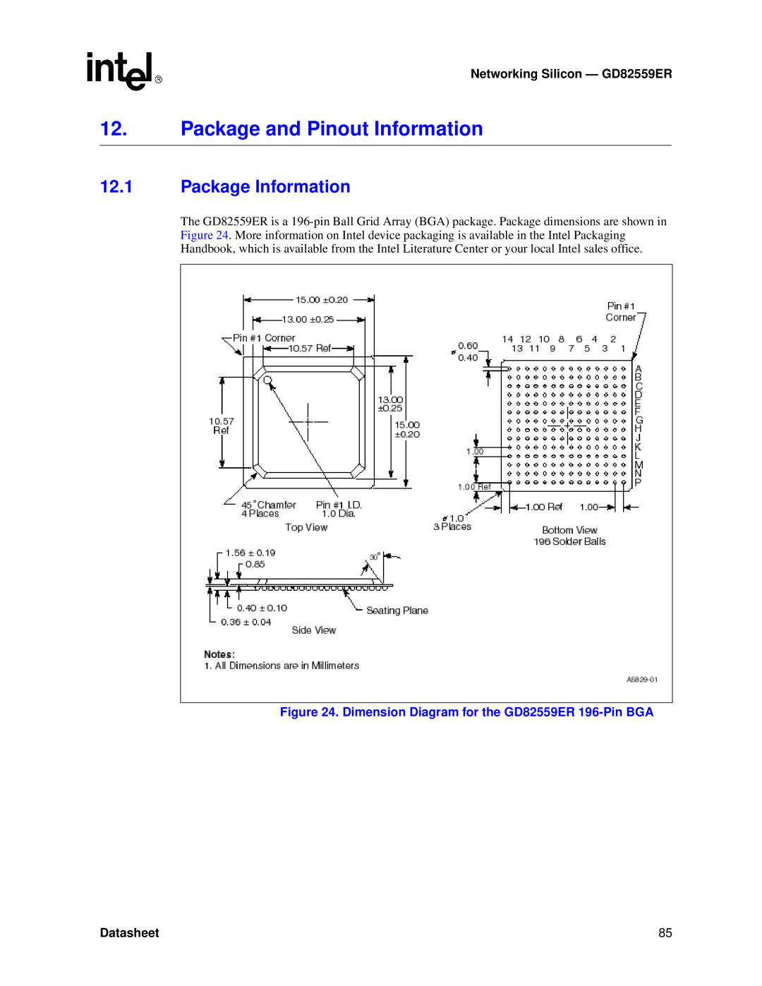 Intel Package and Pinout Information, Package Information, Dimension Diagram for the GD82559ER 196-Pin BGA, Datasheet 