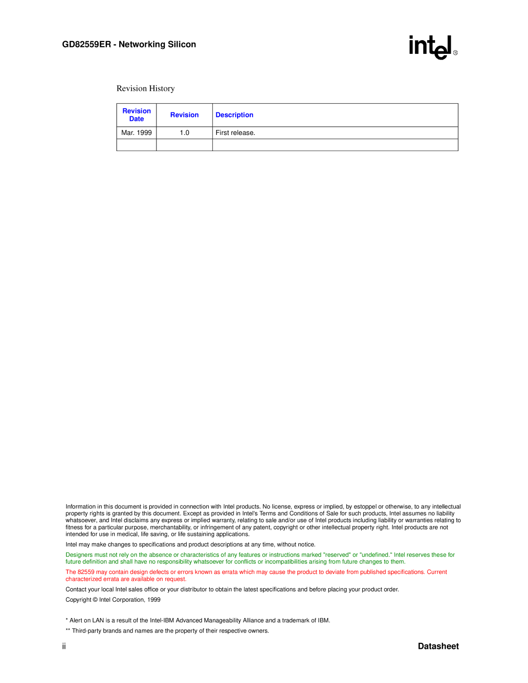 Intel GD82559ER manual Revision Description, Mar First release 