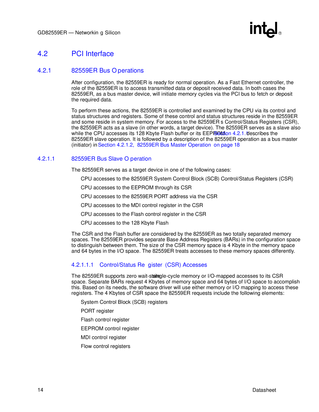 Intel GD82559ER manual PCI Interface, 1 82559ER Bus Operations, 1.1 82559ER Bus Slave Operation 