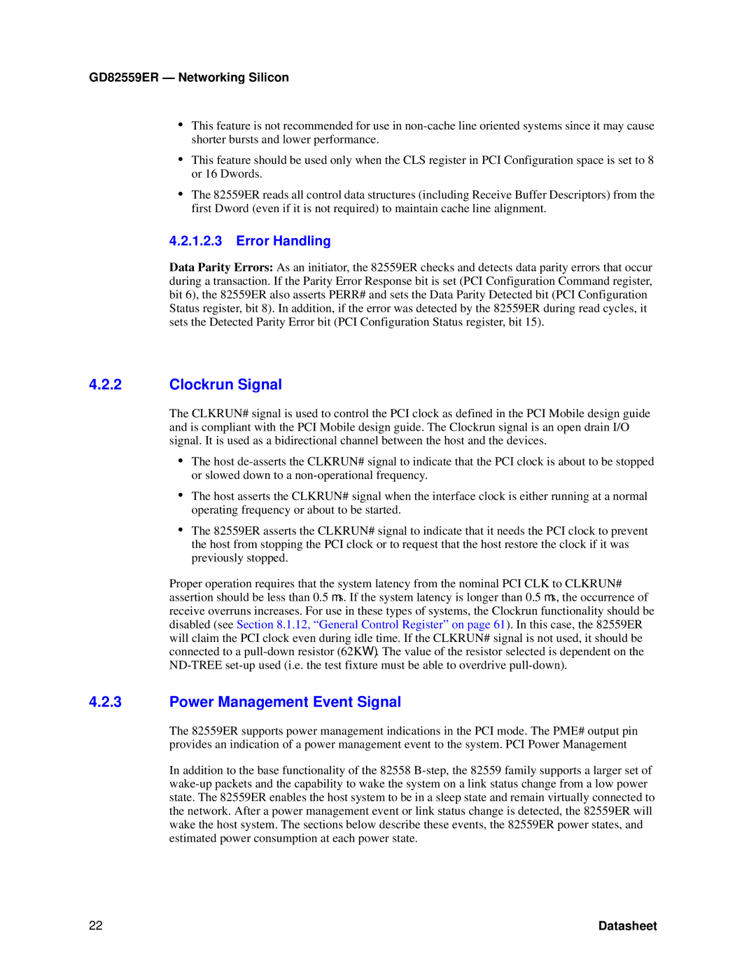 Intel GD82559ER manual Clockrun Signal, Power Management Event Signal 