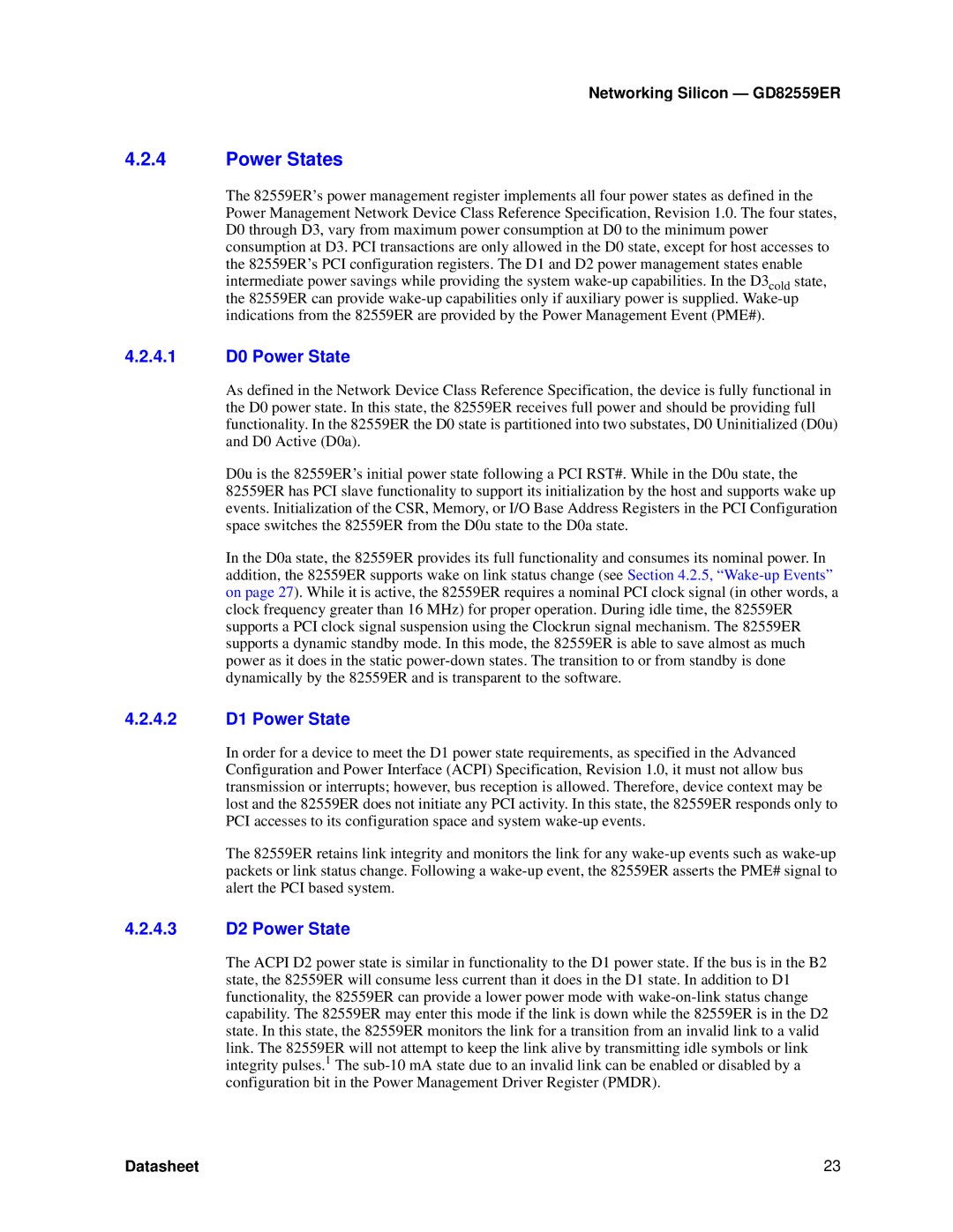 Intel GD82559ER manual Power States, 4.1 D0 Power State, 4.2 D1 Power State, 4.3 D2 Power State 