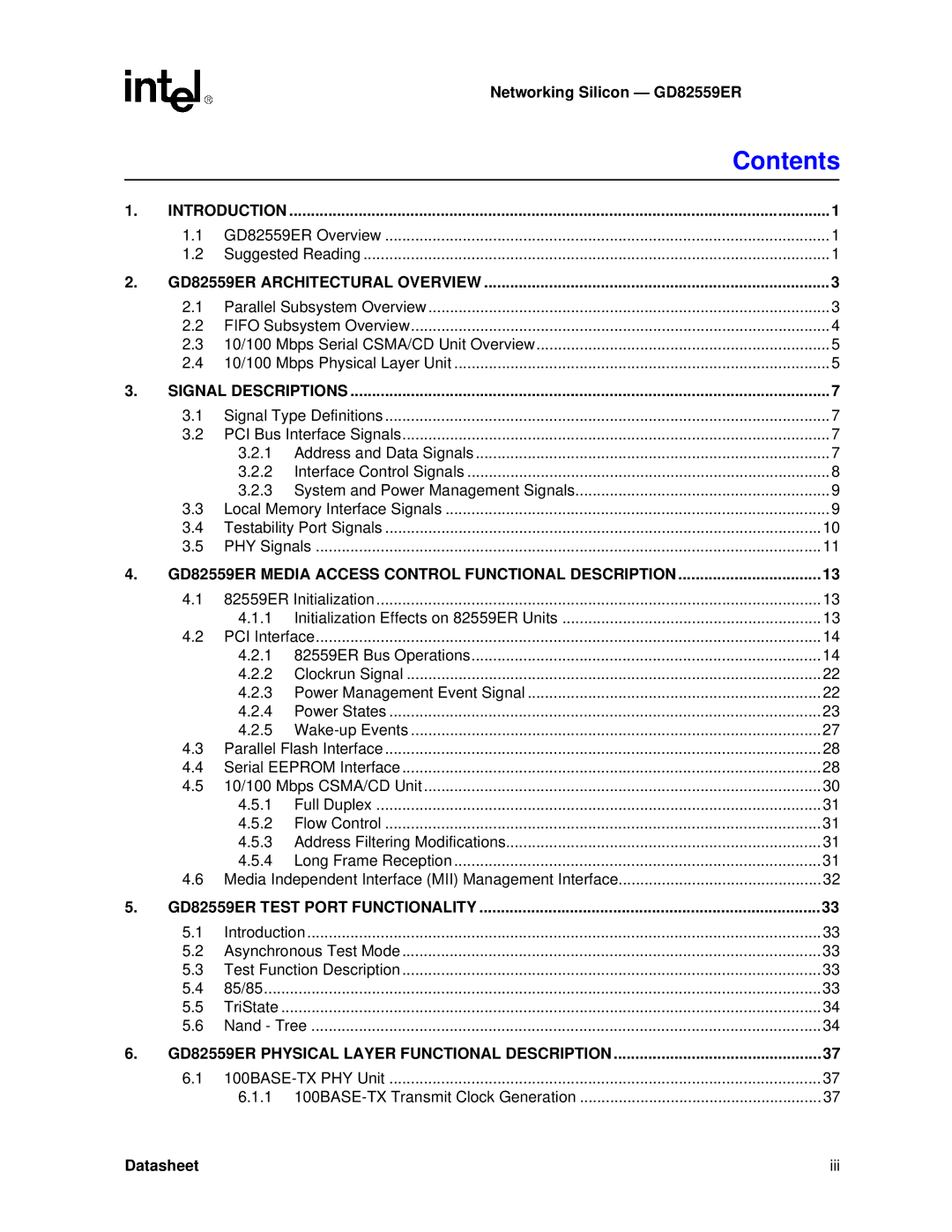 Intel GD82559ER manual Contents 