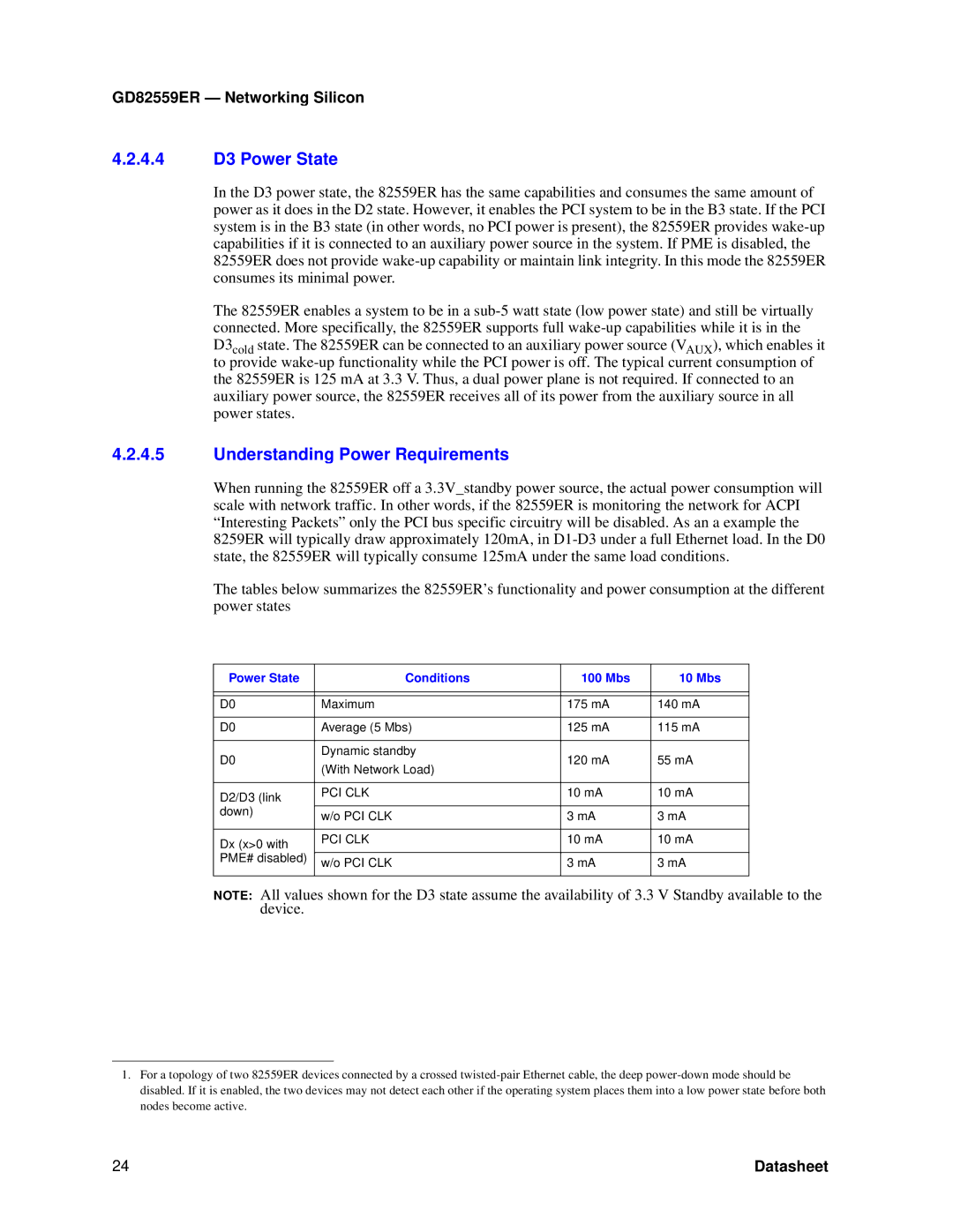 Intel GD82559ER manual 4.4 D3 Power State, Understanding Power Requirements, Power State Conditions 100 Mbs 10 Mbs, Pci Clk 