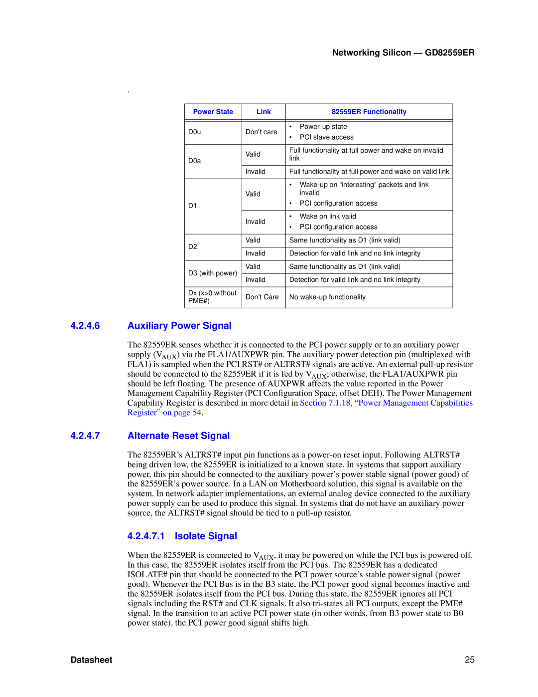 Intel GD82559ER Auxiliary Power Signal, Alternate Reset Signal, Isolate Signal, Power State Link 82559ER Functionality 