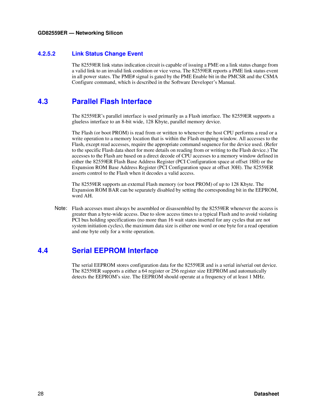 Intel GD82559ER manual Parallel Flash Interface, Serial Eeprom Interface, Link Status Change Event 