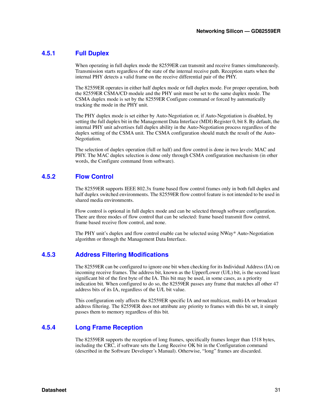 Intel GD82559ER manual Full Duplex, Flow Control, Address Filtering Modifications, Long Frame Reception 