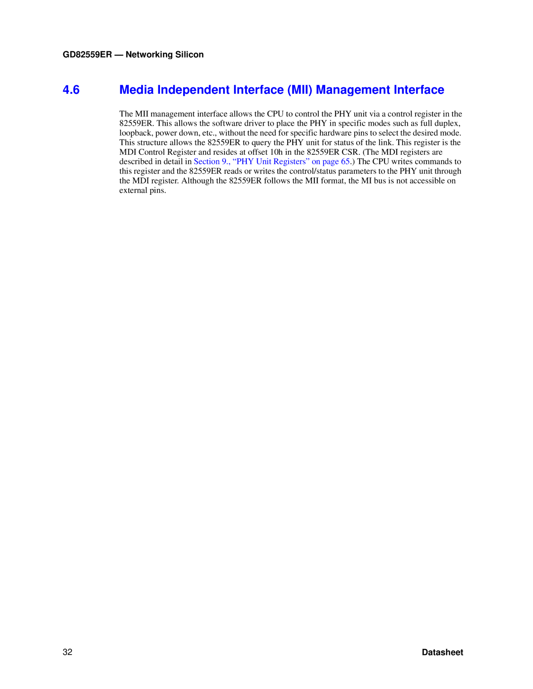 Intel GD82559ER manual Media Independent Interface MII Management Interface 