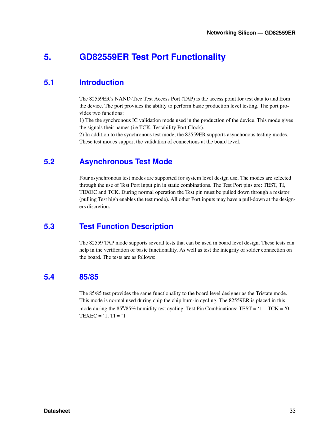 Intel manual GD82559ER Test Port Functionality, Introduction, Asynchronous Test Mode, Test Function Description, 85/85 