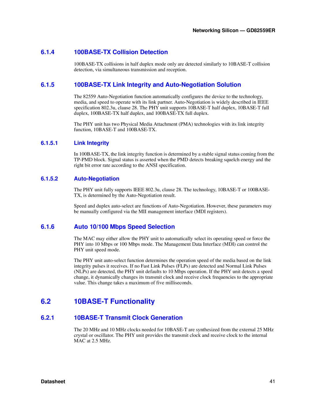 Intel GD82559ER manual 10BASE-T Functionality, 4 100BASE-TX Collision Detection, Auto 10/100 Mbps Speed Selection 