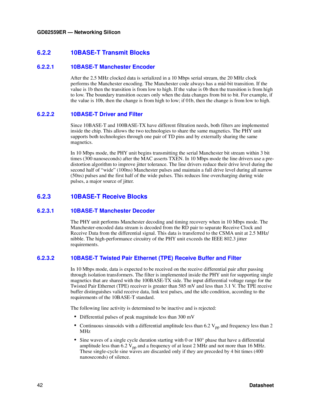 Intel GD82559ER manual 2 10BASE-T Transmit Blocks, 3 10BASE-T Receive Blocks, 2.1 10BASE-T Manchester Encoder 