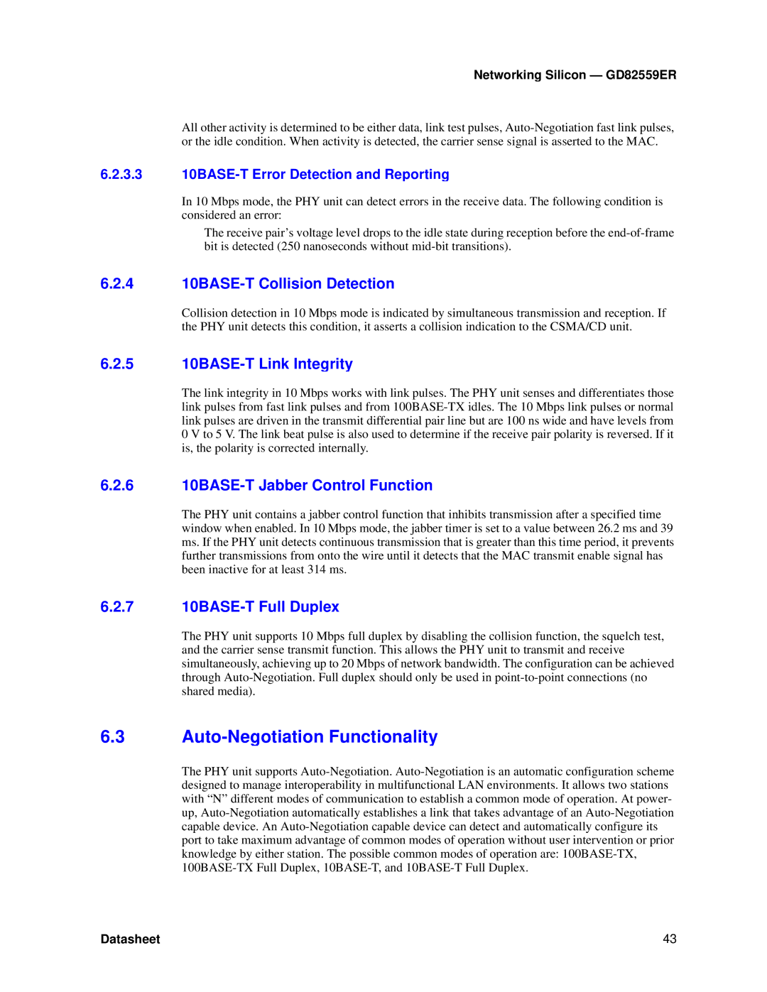 Intel GD82559ER manual Auto-Negotiation Functionality, 4 10BASE-T Collision Detection, 5 10BASE-T Link Integrity 