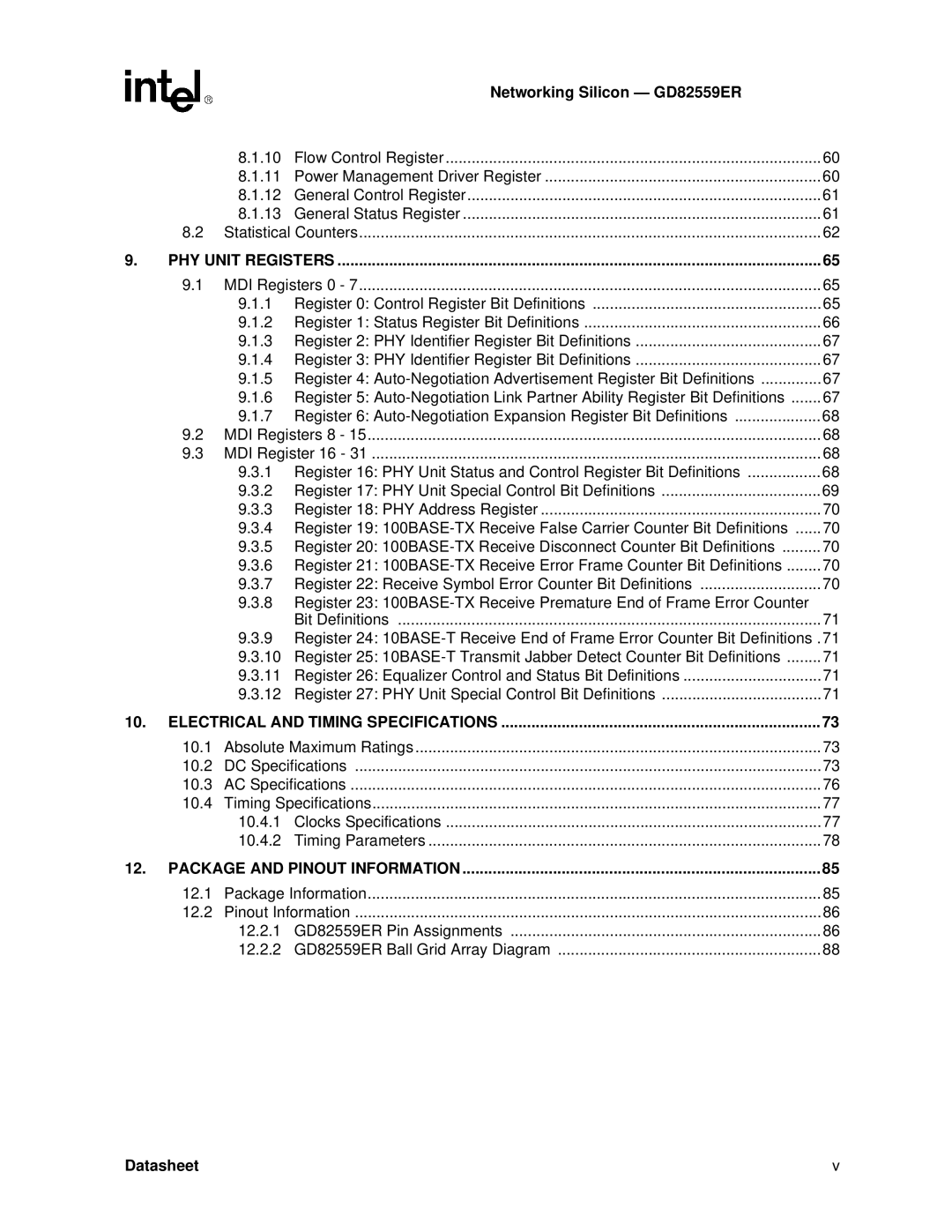 Intel GD82559ER manual Electrical and Timing Specifications 