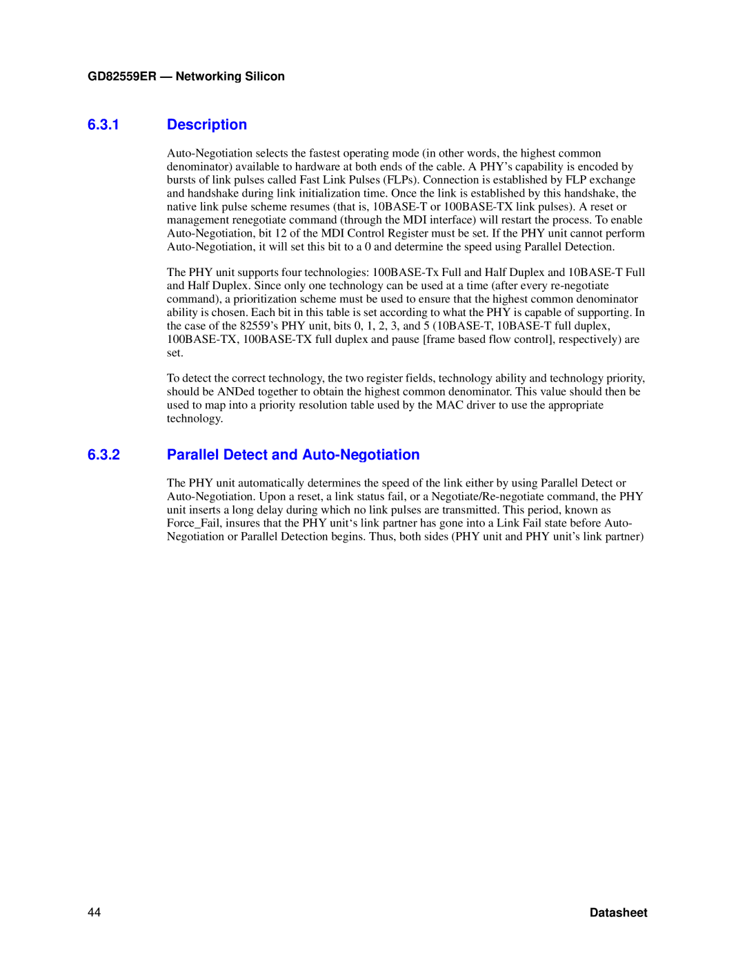 Intel GD82559ER manual Description, Parallel Detect and Auto-Negotiation 