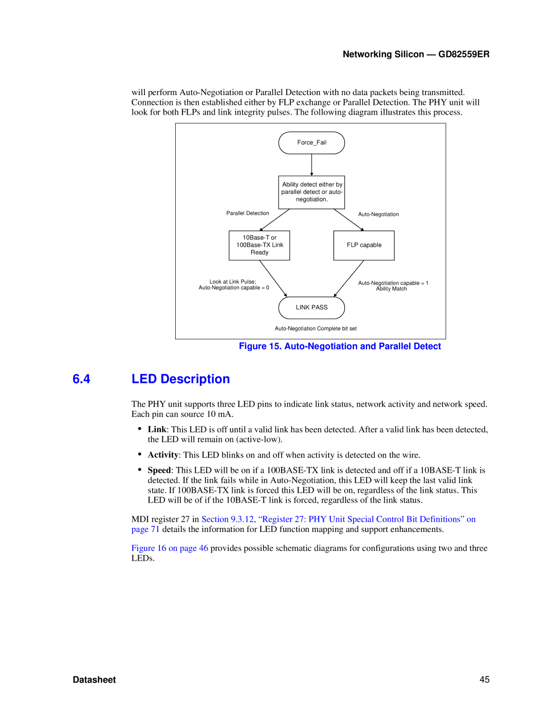 Intel GD82559ER manual LED Description, Auto-Negotiation and Parallel Detect 