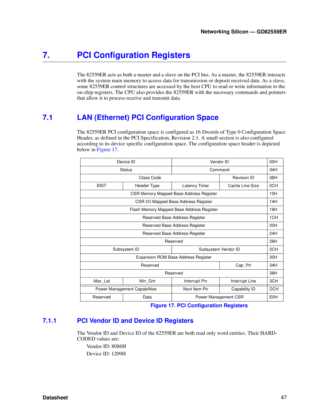 Intel GD82559ER PCI Configuration Registers, LAN Ethernet PCI Configuration Space, PCI Vendor ID and Device ID Registers 