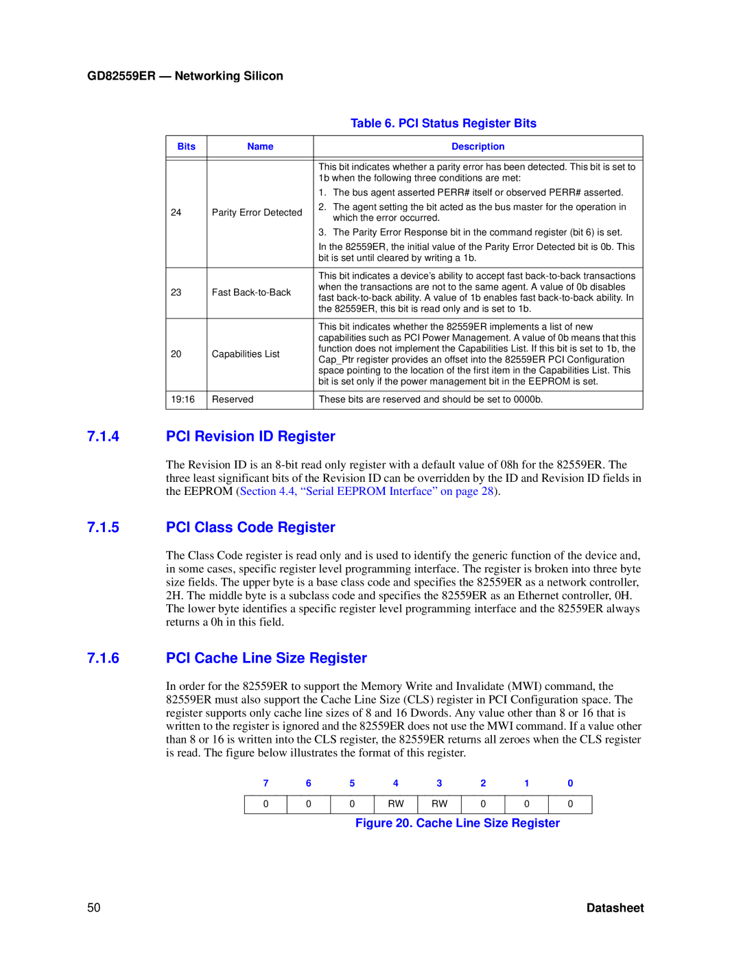 Intel GD82559ER manual PCI Revision ID Register, PCI Class Code Register, PCI Cache Line Size Register 