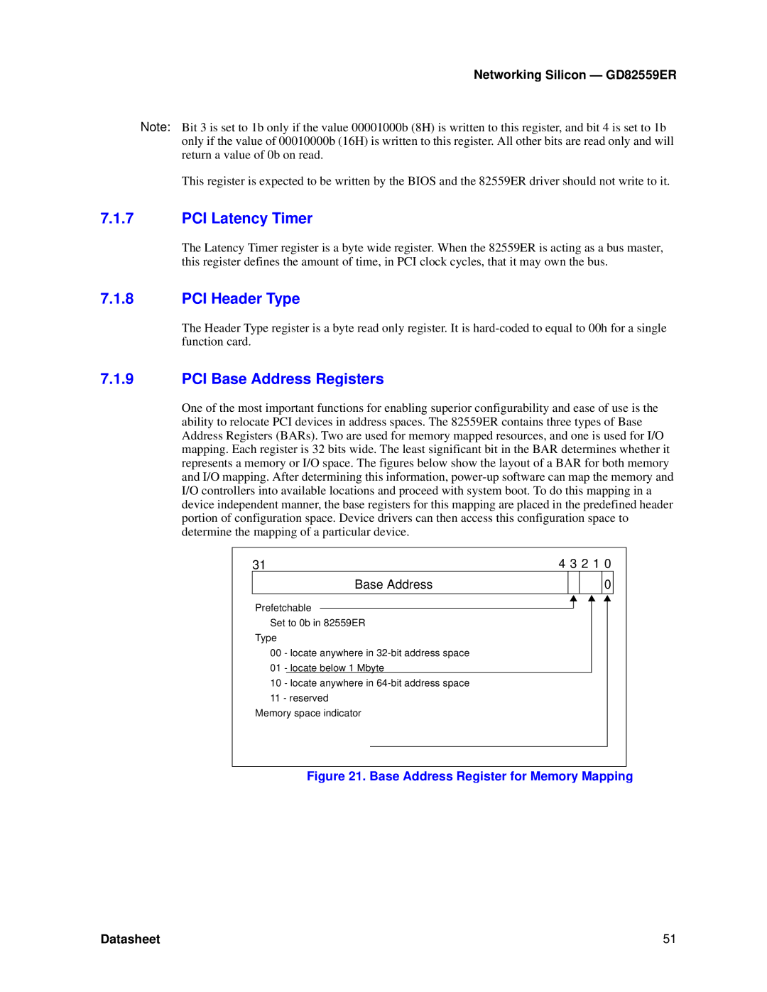 Intel GD82559ER manual PCI Latency Timer, PCI Header Type, PCI Base Address Registers 