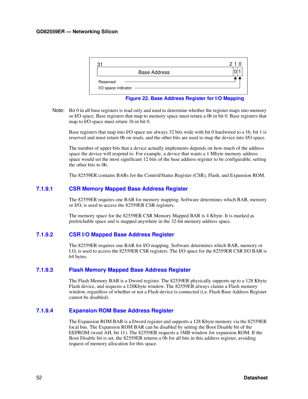 Intel GD82559ER manual CSR Memory Mapped Base Address Register, CSR I/O Mapped Base Address Register 