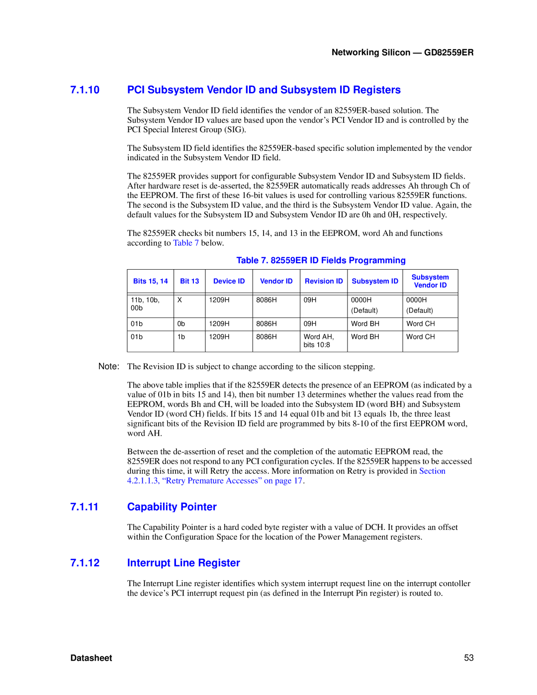 Intel GD82559ER manual PCI Subsystem Vendor ID and Subsystem ID Registers, Capability Pointer, Interrupt Line Register 