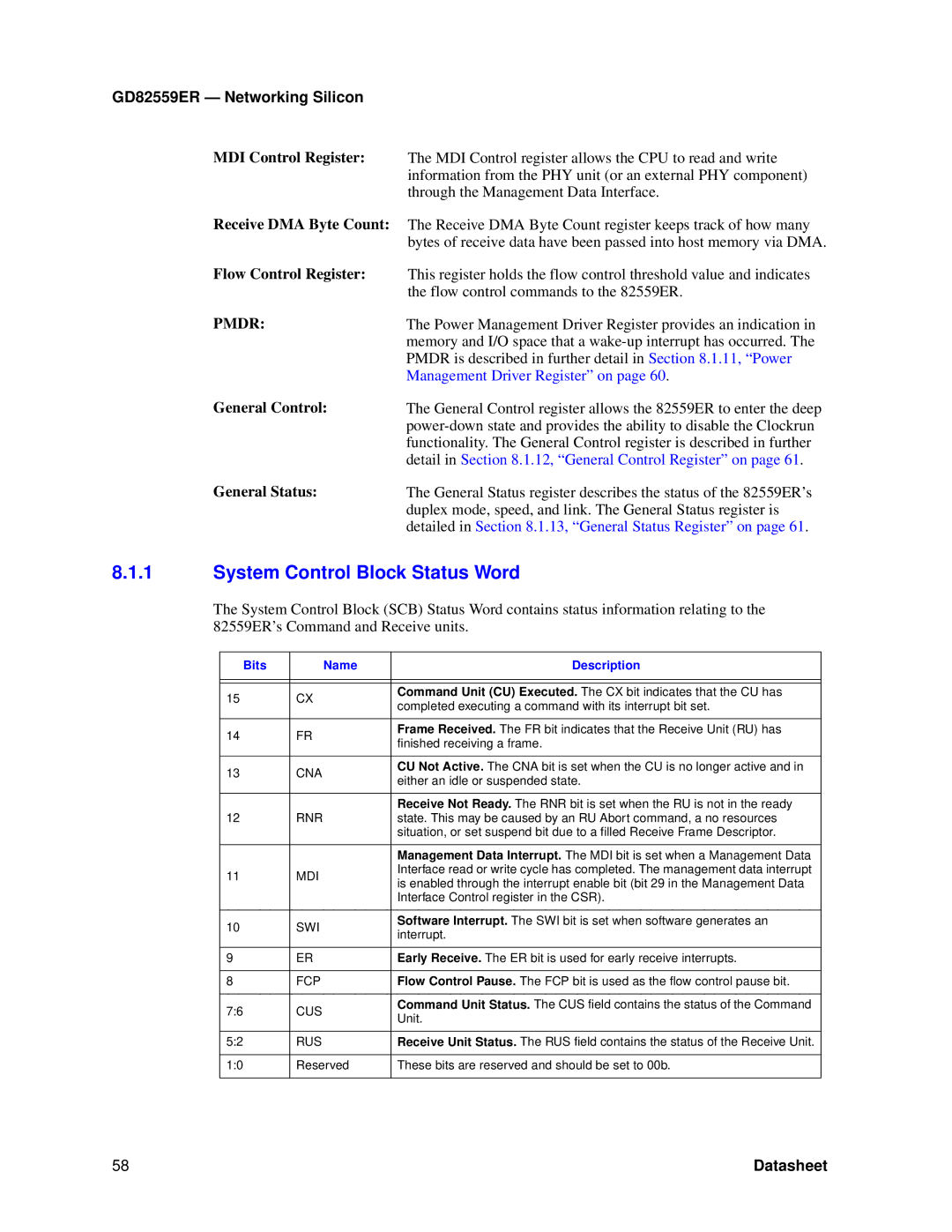 Intel GD82559ER manual System Control Block Status Word 