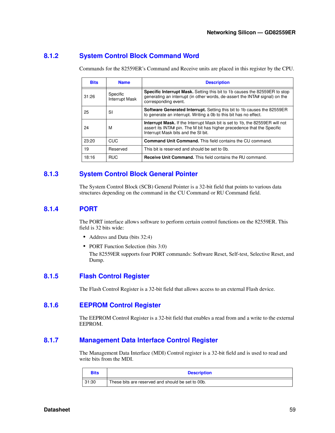 Intel GD82559ER System Control Block Command Word, System Control Block General Pointer, Port, Flash Control Register 