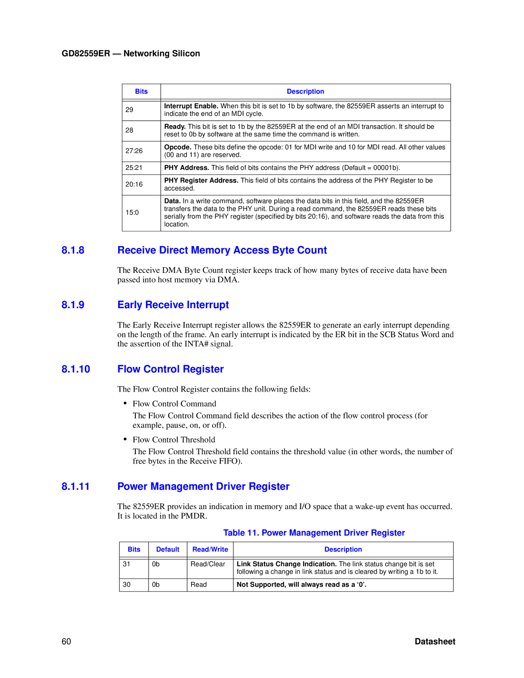 Intel GD82559ER manual Receive Direct Memory Access Byte Count, Early Receive Interrupt, Flow Control Register 