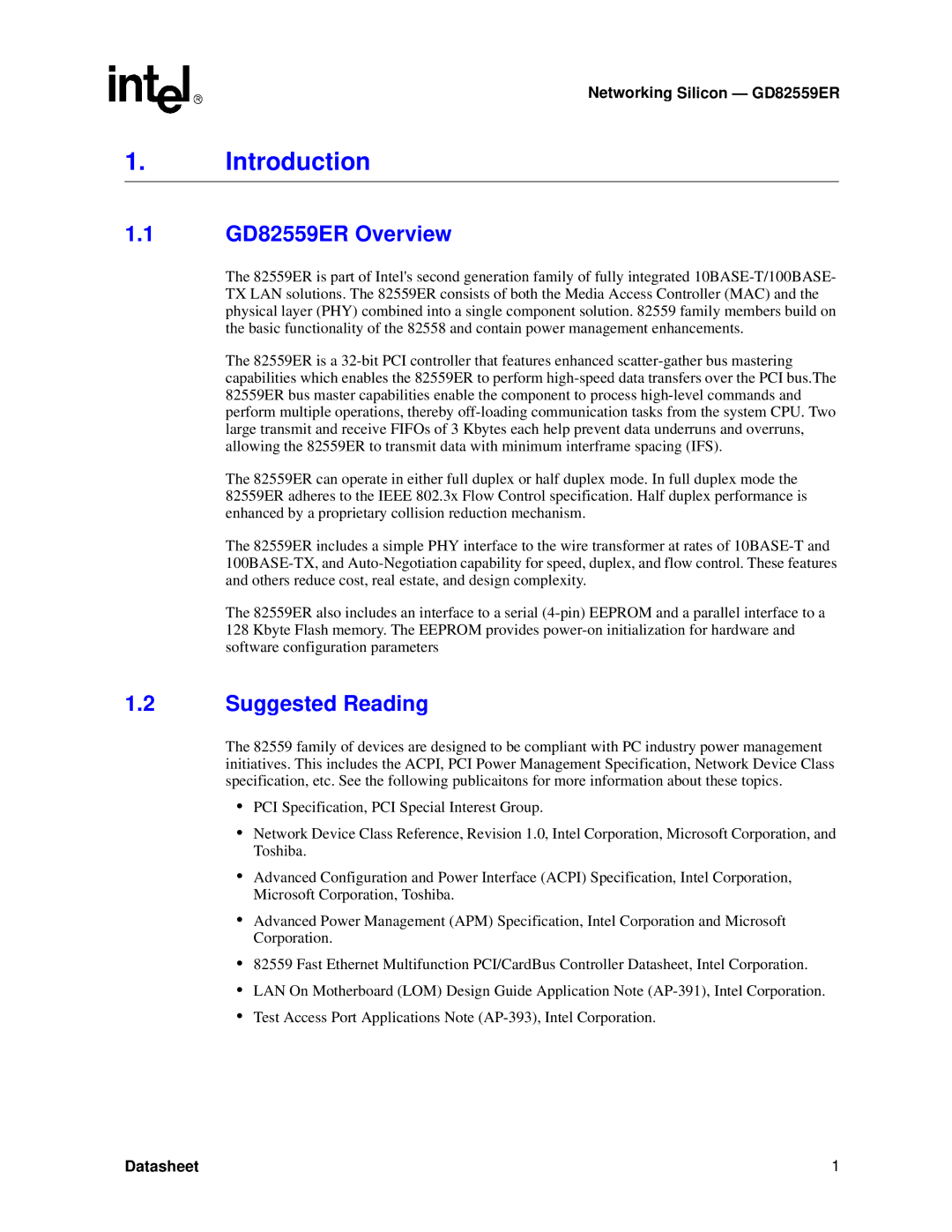 Intel manual Introduction, GD82559ER Overview, Suggested Reading 