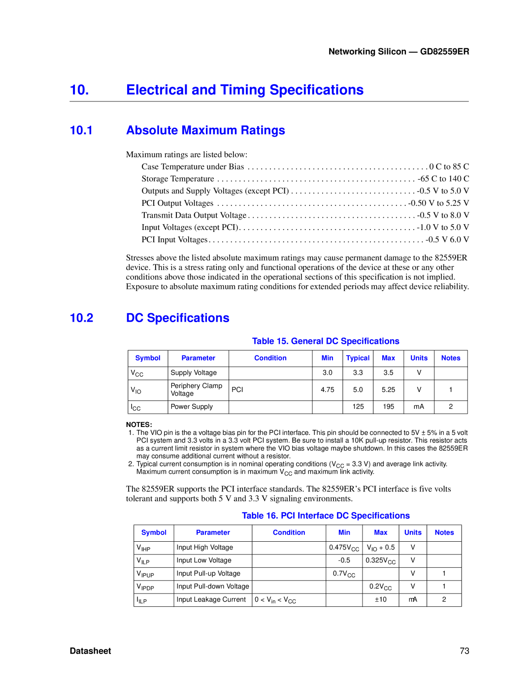 Intel GD82559ER manual Electrical and Timing Specifications, Absolute Maximum Ratings, DC Specifications 