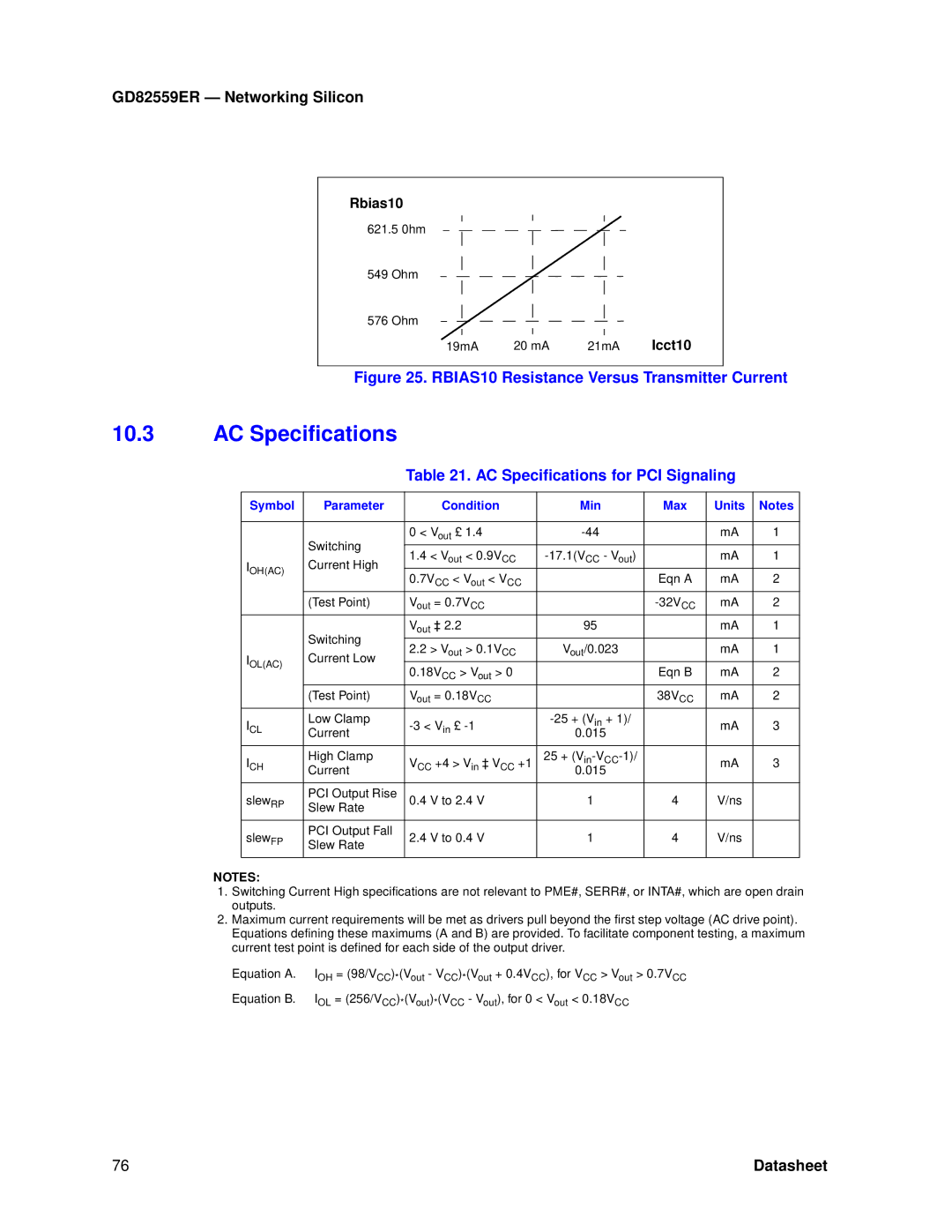 Intel GD82559ER manual AC Specifications for PCI Signaling 