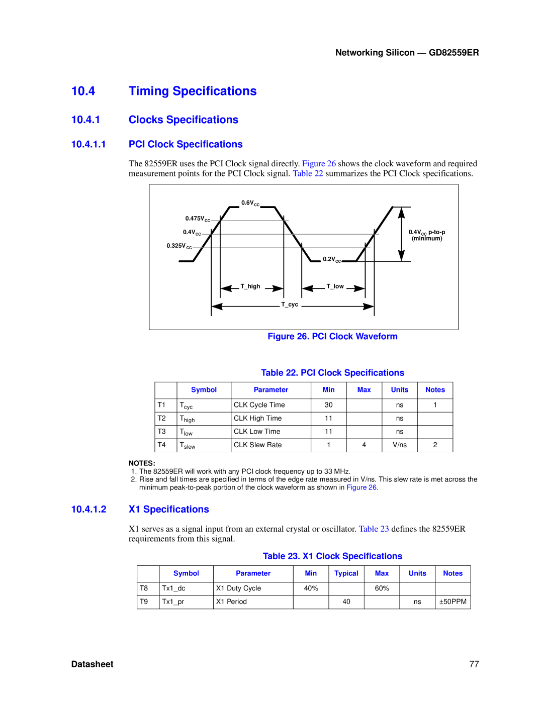 Intel GD82559ER manual Timing Specifications, Clocks Specifications, PCI Clock Specifications, 10.4.1.2 X1 Specifications 